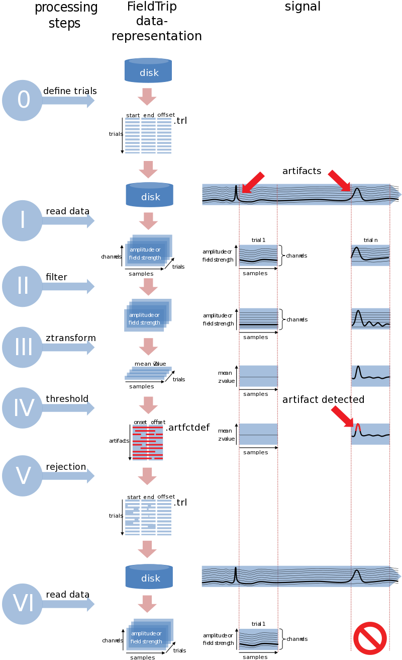 图：自动伪影拒绝分几个步骤处理数据，以允许从试次定义中拒绝伪影时间间隔